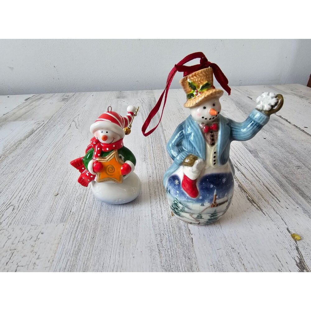 Porcelain snowman ornament set star scene Church Xmas tree‎ snowman